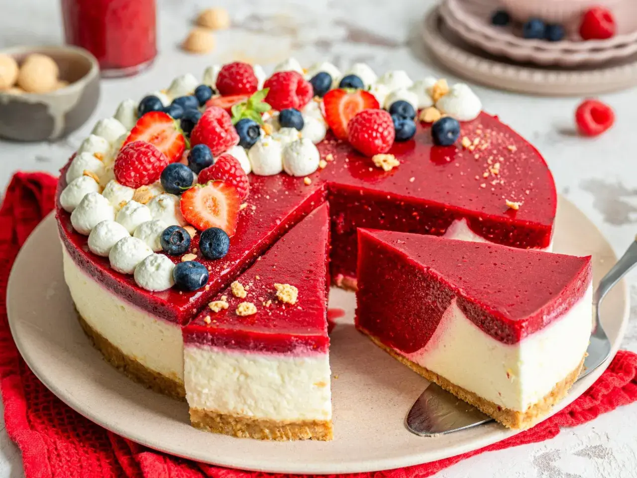 Eine köstliche torte ohne backen mit Beeren und Sahnetupfern. Ein Stück wurde bereits herausgeschnitten.