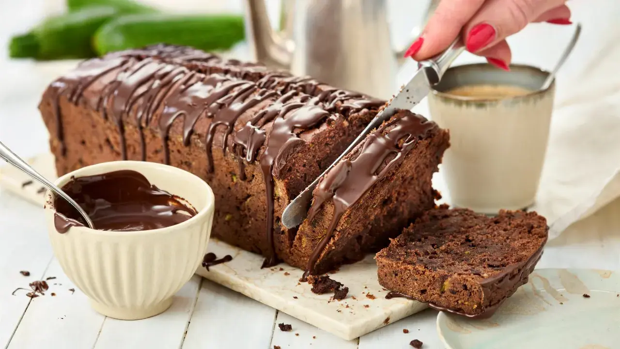 Ein saftiger Zucchini Schoko Kuchen wird angeschnitten. Daneben eine Schale mit Schokoladenglasur und eine Tasse Kaffee.