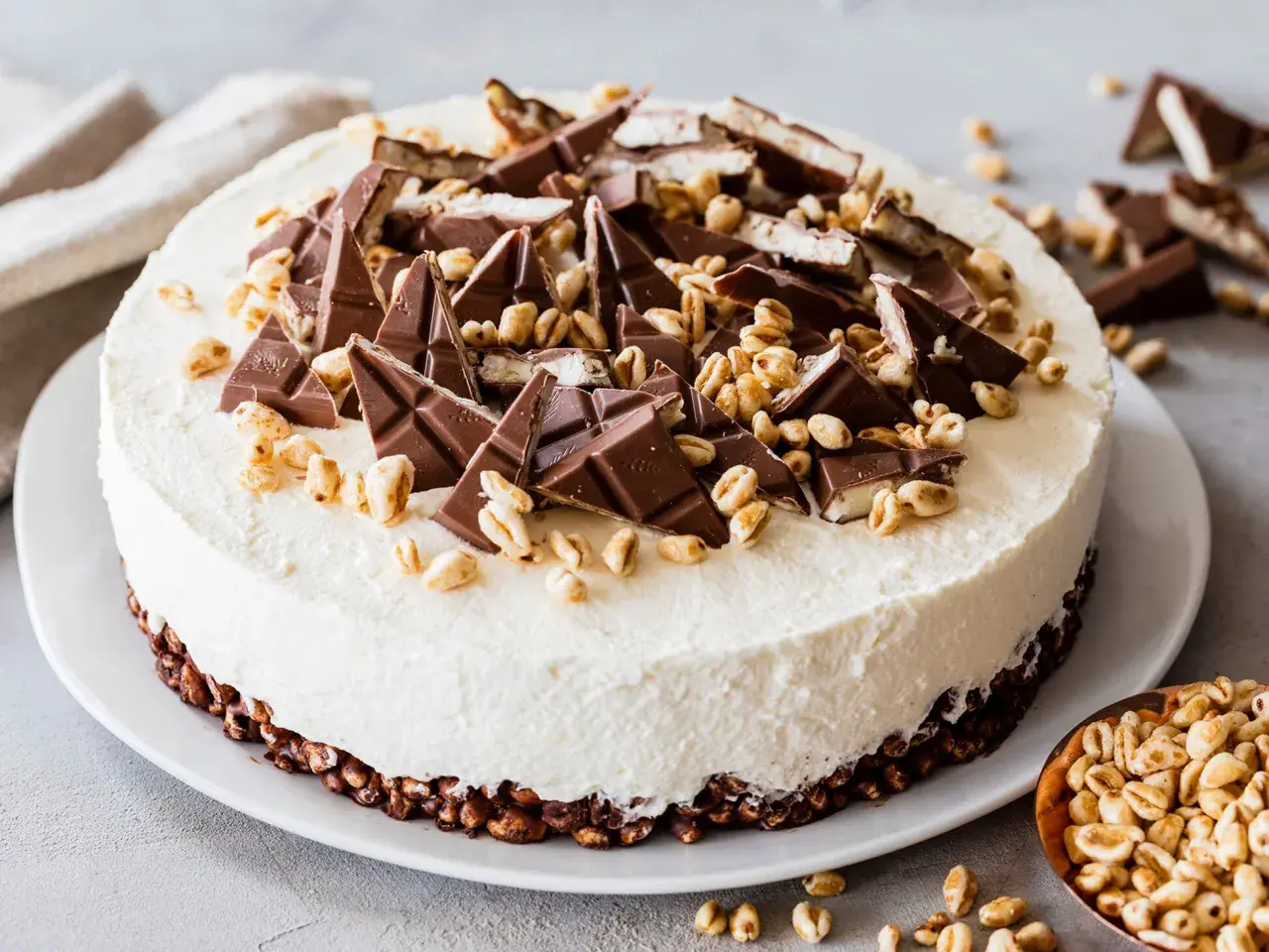Eine köstliche Kinder Country Torte, verziert mit Schokoladenstücken und gepufftem Getreide.
