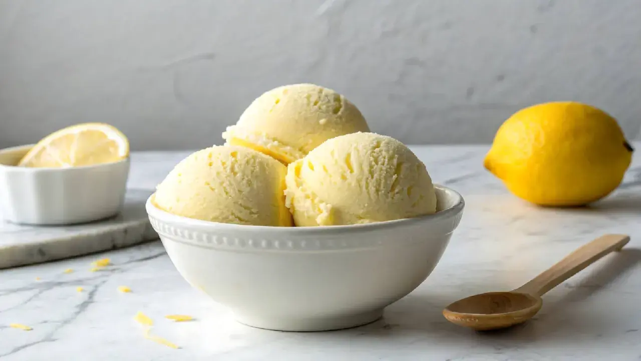 Erfrischendes Limoncello Eis in einer Schale, daneben eine Zitrone und ein Löffel.