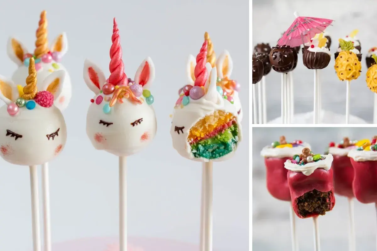 Bunte Cake Pops: Einhörner mit Regenbogenfüllung, Schoko-Gesichter, Ananas und rote Beeren-Kreationen.