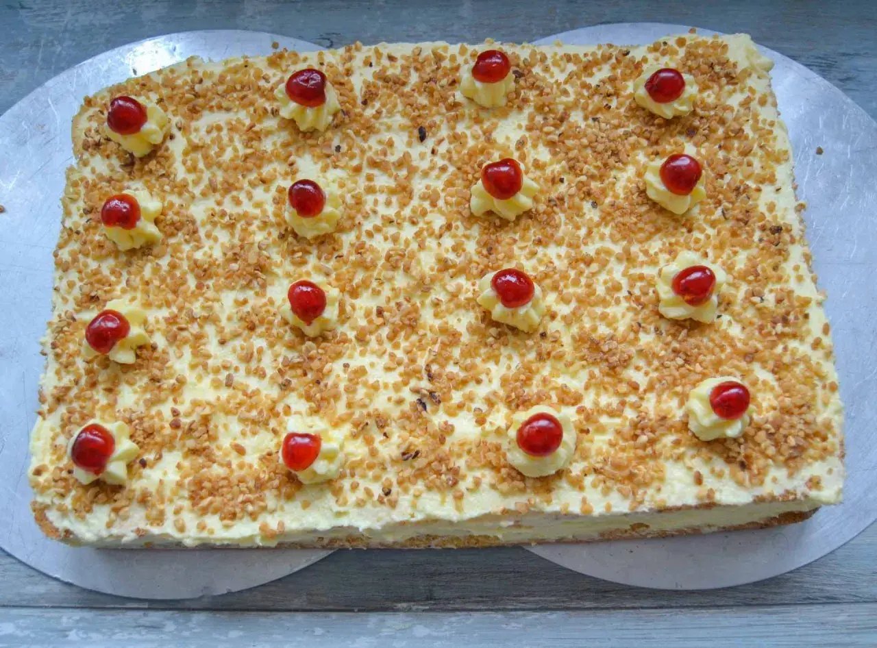 Rechteckiger Kuchen mit Buttercreme, gehackten Nüssen und Kirschen, wie Frankfurter Kranz Schnitten.