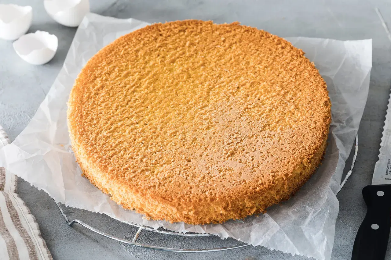 Ein goldbrauner Biskuitboden, perfekt für jedes Biskuitteig Rezept. Daneben leere Eierschalen und ein Messer.