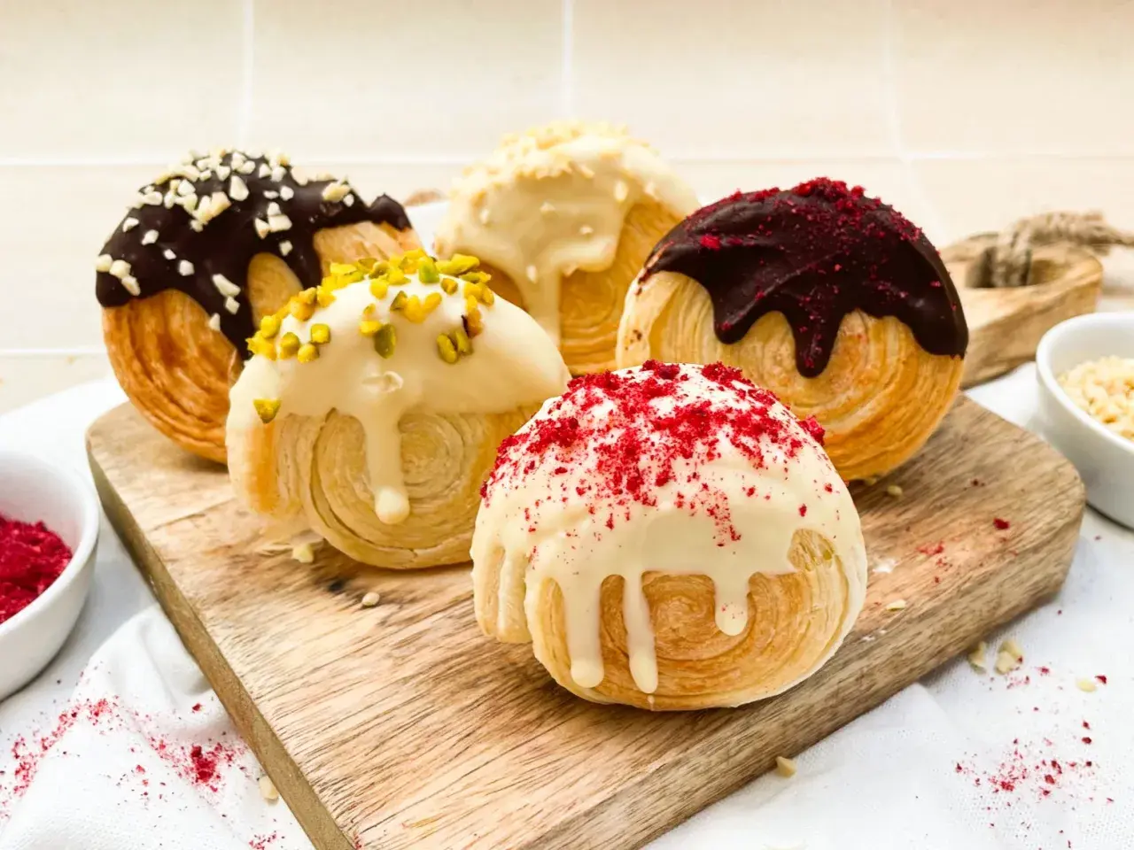 Fünf köstliche New York Rolls, verlockend mit Schokolade, Pistazien und roten Streuseln verziert, auf einem Holzbrett.
