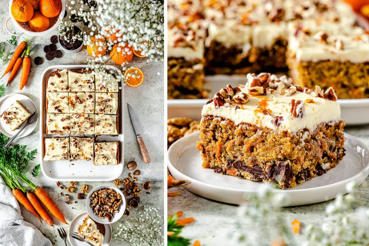 Saftiger Karottenkuchen mit Frischkäse-Frosting, Nüssen und Orangenschale. Ein Genuss für jeden Anlass!