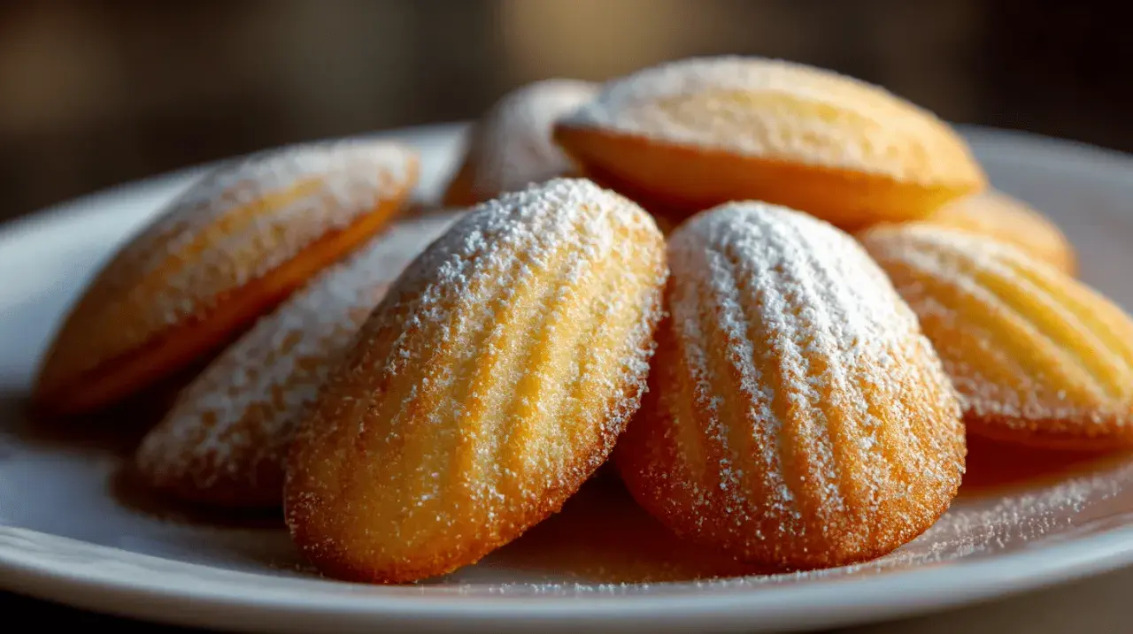 Goldbraune Madeleines, bestäubt mit Puderzucker, warten auf das perfekte Madeleines Rezept.