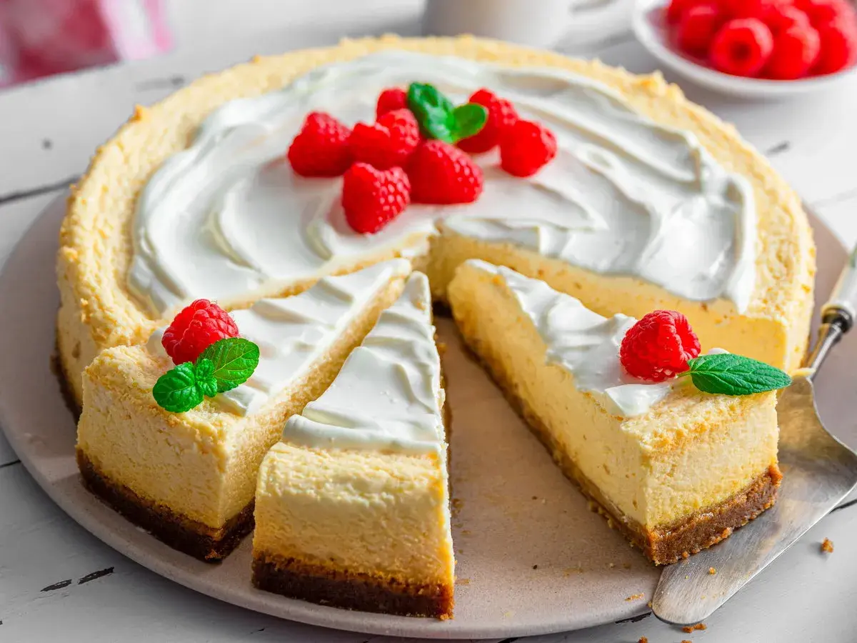 Ein New York Cheesecake, dekoriert mit frischen Himbeeren und Minze, wartet darauf, genossen zu werden.