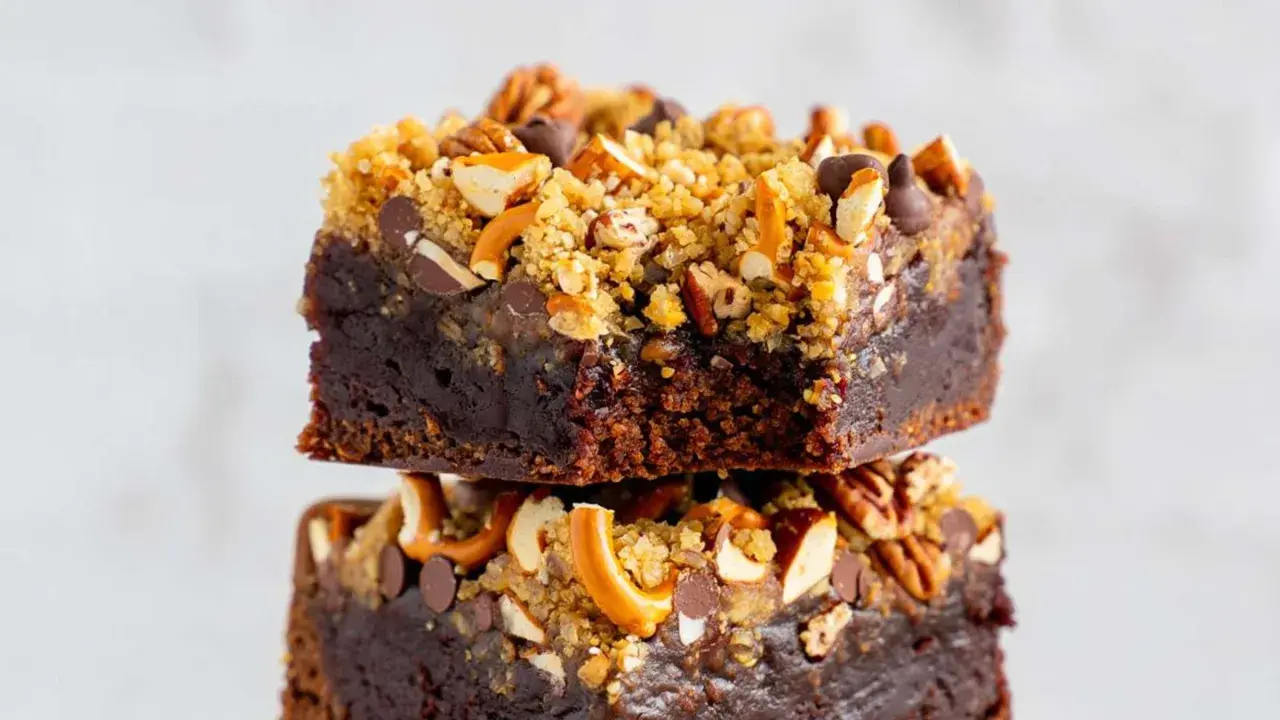 Zwei gestapelte Brownies mit Schokostückchen, Pekannüssen und Brezeln. Perfekt für Ihre nächsten Brownie Rezepte!