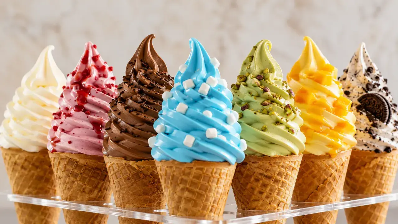 Bunte Softeis-Sorten in Waffeln, von Vanille bis Schoko, mit Toppings. Perfekt, um eisbindemittel selber machen zu lernen!