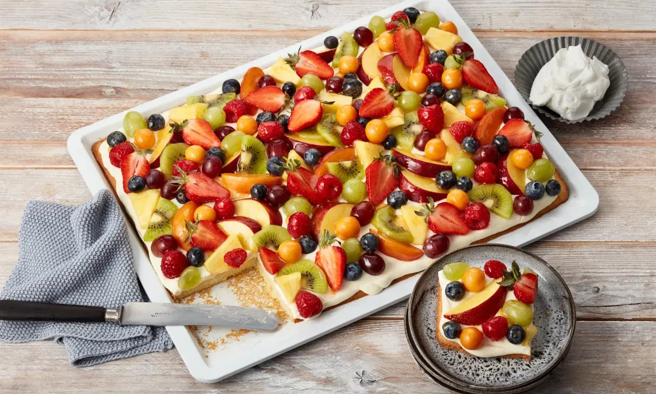 Bunter Blechkuchen mit Obst, belegt mit Erdbeeren, Kiwi, Trauben, Pfirsichen und Beeren. Ein Stück ist bereits auf einem Teller angerichtet.