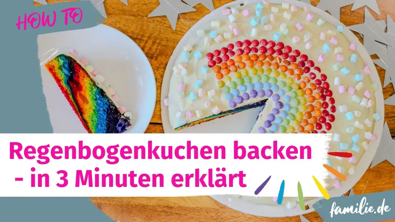 Ein bunter Regenbogenkuchen, verziert mit Marshmallows und bunten Smarties. Ein Stück ist bereits angeschnitten.