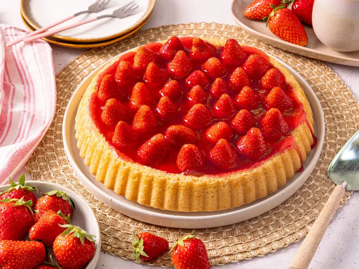 Ein köstlicher Erdbeerboden mit frischen Erdbeeren und Gelee. Dieses Erdbeerboden Rezept ist ein Genuss!