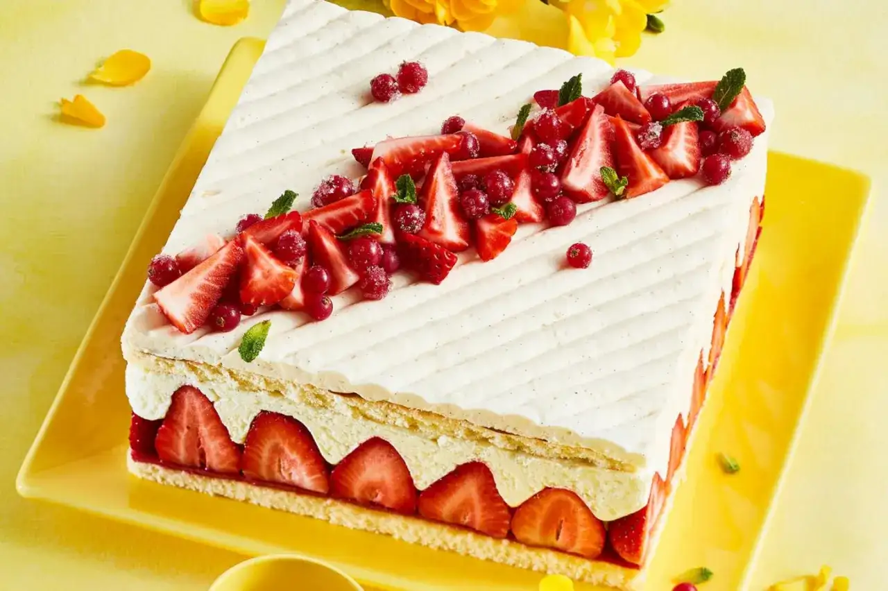 Rechteckiger Kuchen mit Erdbeeren und roter Johannisbeere auf leichter Erdbeer-Buttercreme, verziert mit Minze.