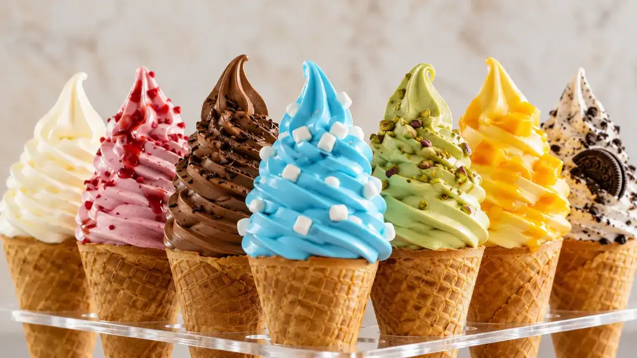 Bunte Softeis-Sorten in Waffeln, von Vanille bis Schoko, mit Toppings. Perfekt, um eisbindemittel selber machen zu lernen!