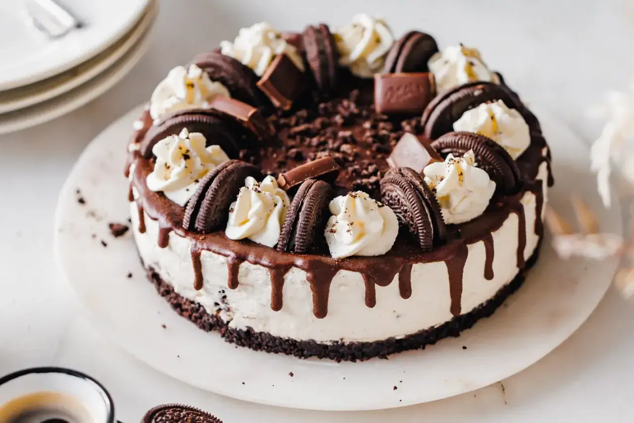 Ein köstlicher Oreo Cheesecake mit Schokoladendrip und Sahnetupfern. Perfekt für jeden Schokoladenliebhaber.