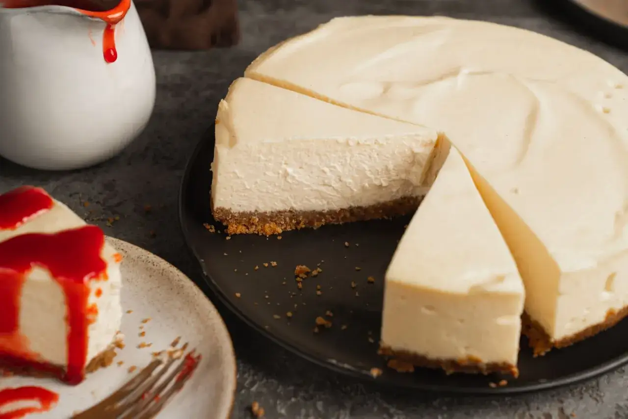 Cremiger New York Cheesecake, perfekt für Ihr nächstes Rezept. Ein Stück mit roter Soße auf einem Teller, daneben der ganze Kuchen.