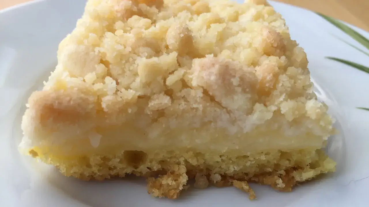 Ein St&uuml;ck Streuselkuchen mit Pudding, das auf einem Teller liegt. Die goldbraunen Streusel bedecken eine cremige Puddingf&uuml;llung.