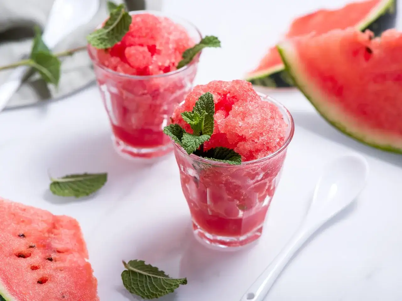 Erfrischendes Wassermelonen Sorbet in Gl&auml;sern, garniert mit Minze. Daneben liegen frische Wassermelonenscheiben und ein L&ouml;ffel.