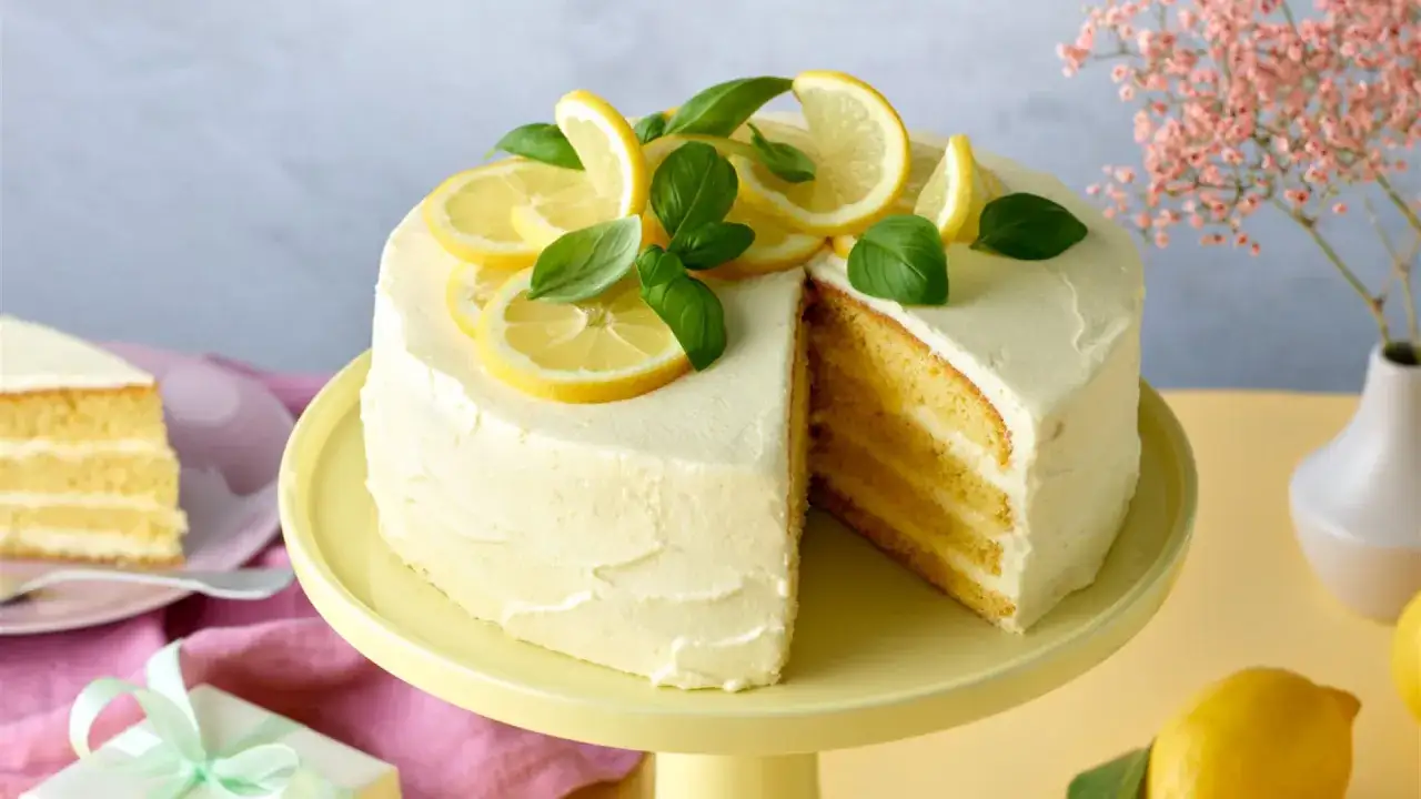 Eine köstliche Zitronen Torte mit frischen Zitronenscheiben und Basilikum verziert, steht auf einem gelben Tortenständer.