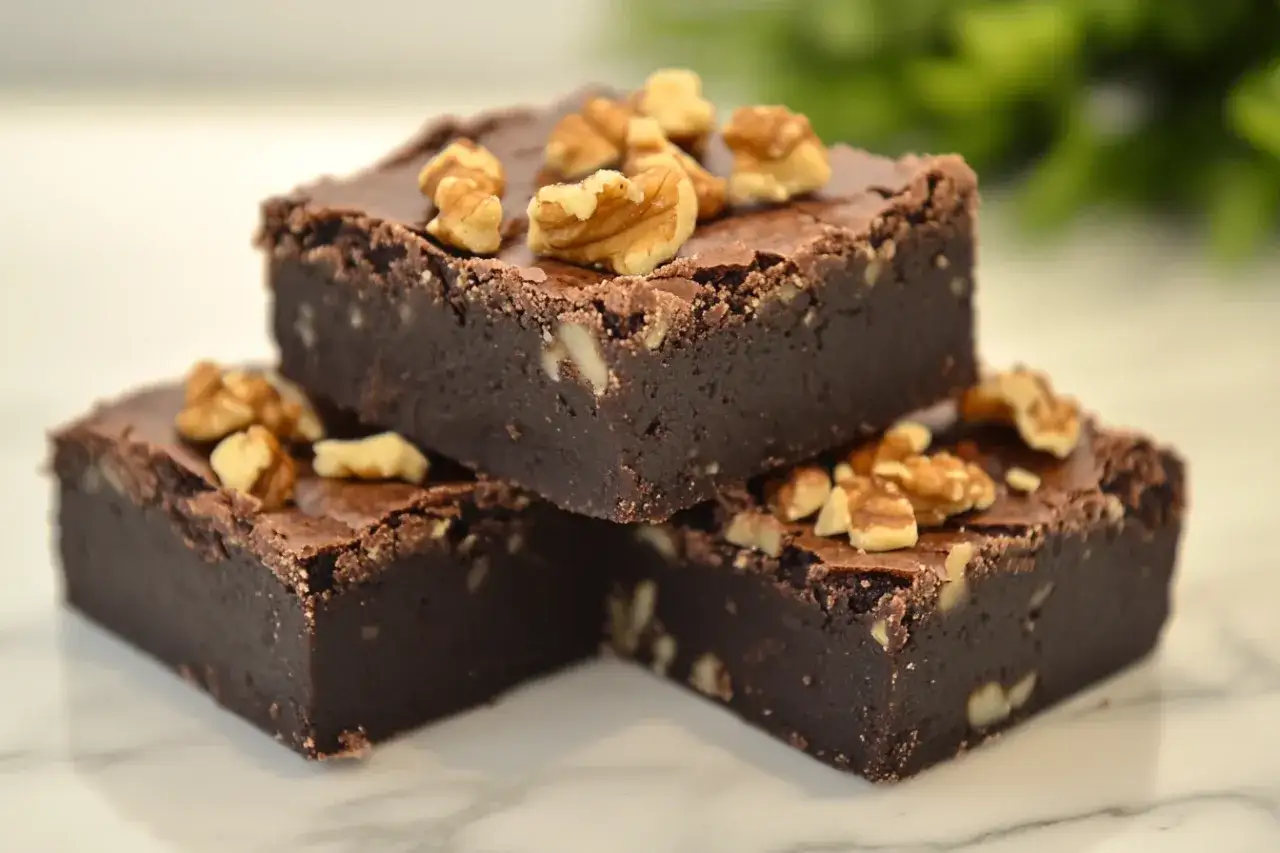 Drei saftige Schoko-Brownies mit Walnüssen, perfekt für Ihre nächsten Brownie Rezepte.