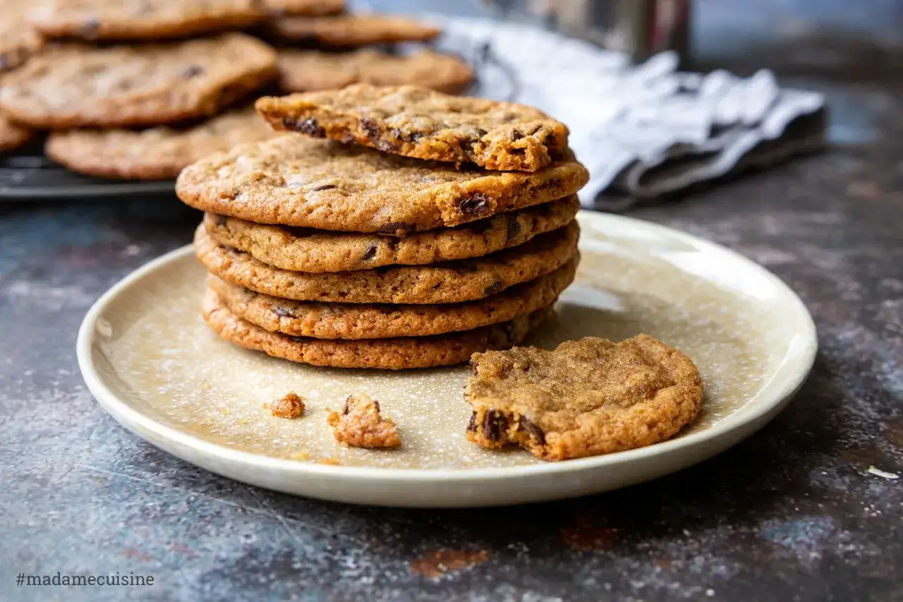 Ein Stapel saftiger Chocolate Chip Cookies, perfekt für ein schnelles und einfaches Cookies Rezept. Ein Keks ist angeknabbert.