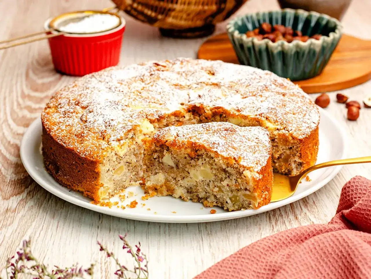 Ein saftiger Apfel Walnuss Kuchen, bestäubt mit Puderzucker, wird auf einem Teller präsentiert. Daneben liegen Nüsse und ein roter Napf mit Puderzucker.