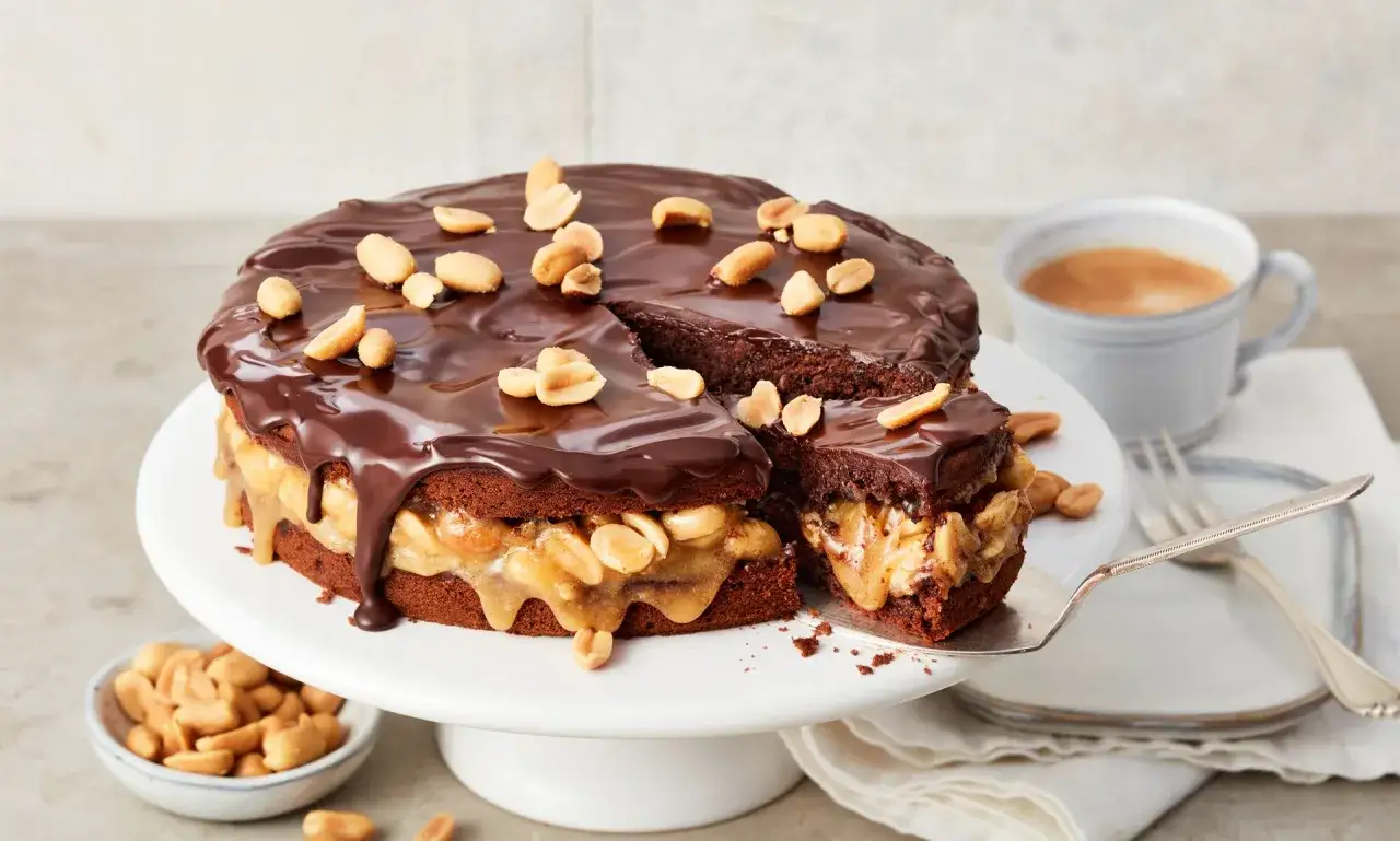 Saftige Schokoladentorte mit Karamell und Erdn&uuml;ssen, eine unwiderstehliche Snickers Torte.