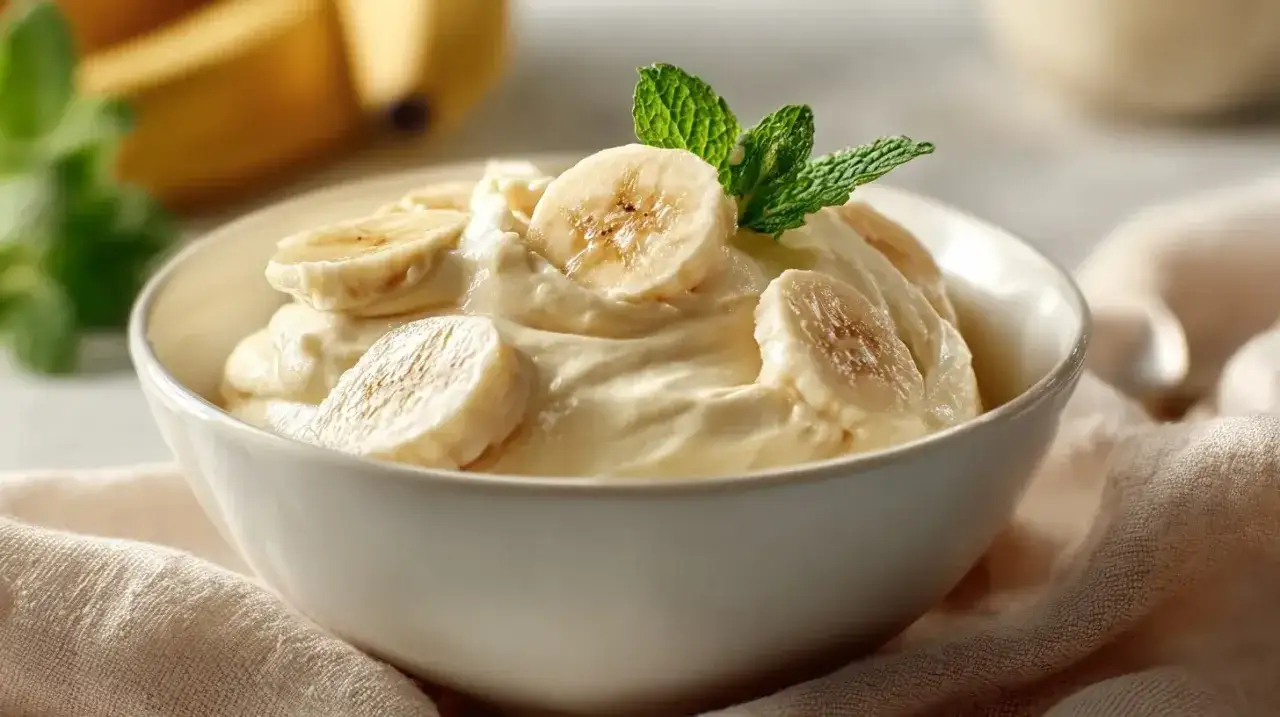 Cremiges Dessert mit Scheiben von gebackener Banane und Minze garniert.