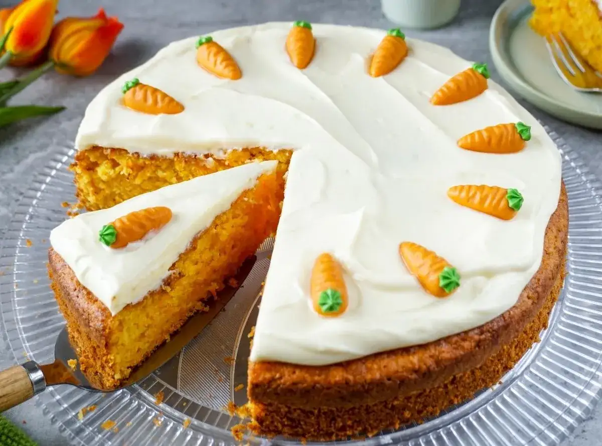 Saftiger Karottenkuchen mit weißem Frischkäse-Frosting, dekoriert mit kleinen Marzipan-Karotten. Ein Stück wurde bereits angeschnitten.