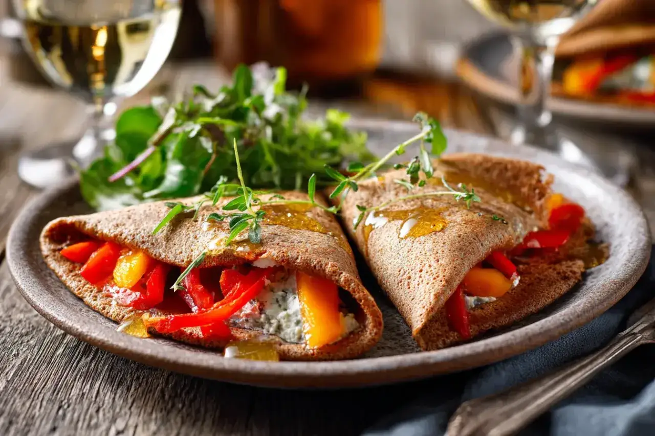Herzhafte Galettes mit Paprika und Käse, garniert mit Kräutern und Honig. Ein köstliches Galettes Rezept für Genießer.