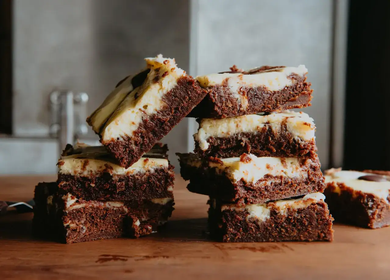 Gestapelte cheesecake brownies mit dunkler Schokoladenschicht und cremiger Käseschicht, ein Genuss für jeden Anlass.