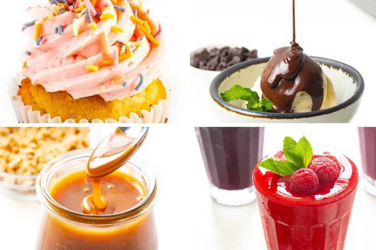Süße Leckereien: Cupcake mit rosa Glasur, Eis mit Schokosauce, Karamell und Beeren-Smoothie. Ideen für Glukosesirup Ersatz.