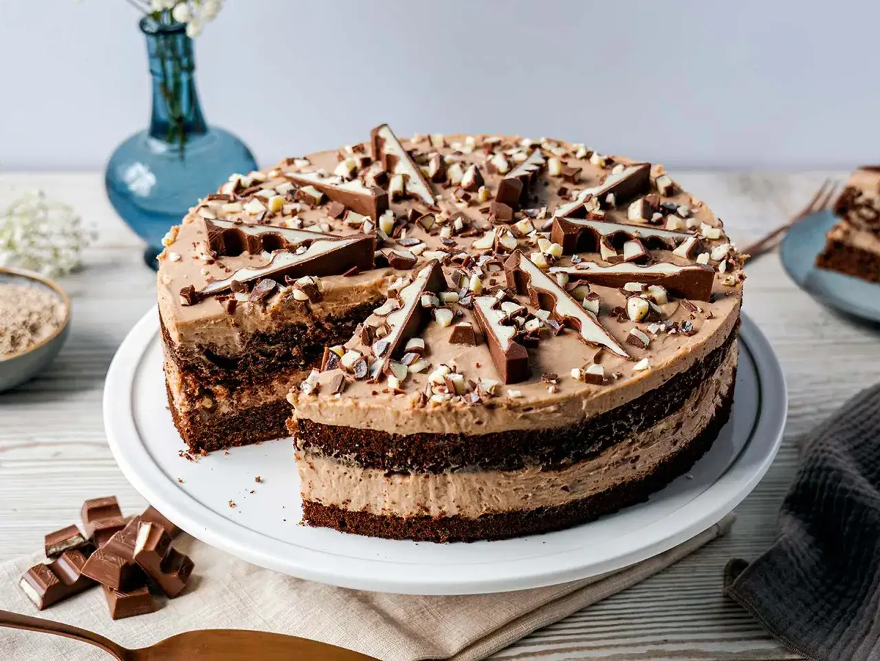 Eine k&ouml;stliche Kinderschokolade Torte mit Schokoladenst&uuml;ckchen und Schokoriegel-Dekoration.