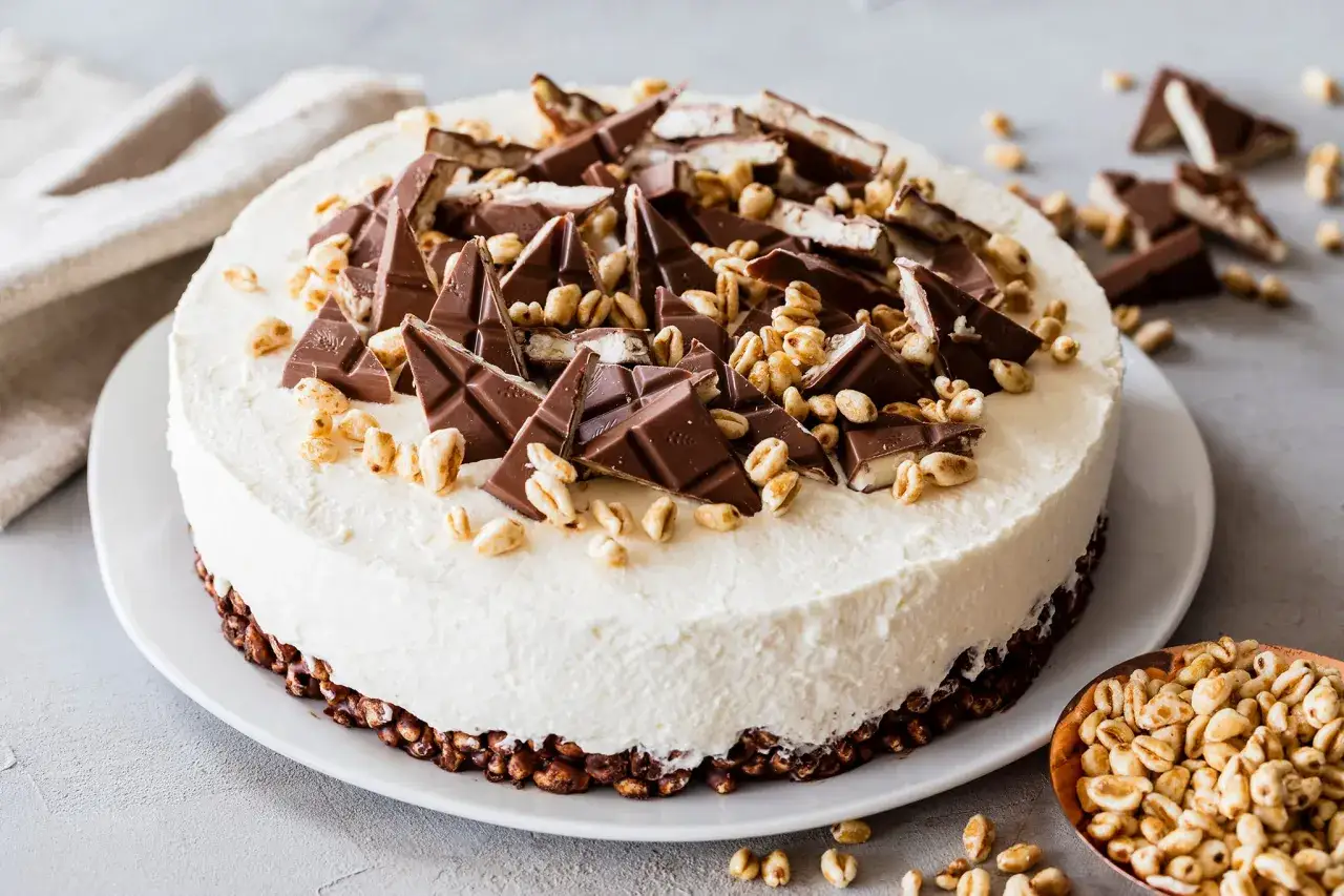 Eine cremige Kinder Country Torte, dekoriert mit Schokoladenstücken und gepufftem Getreide, lädt zum Genießen ein.