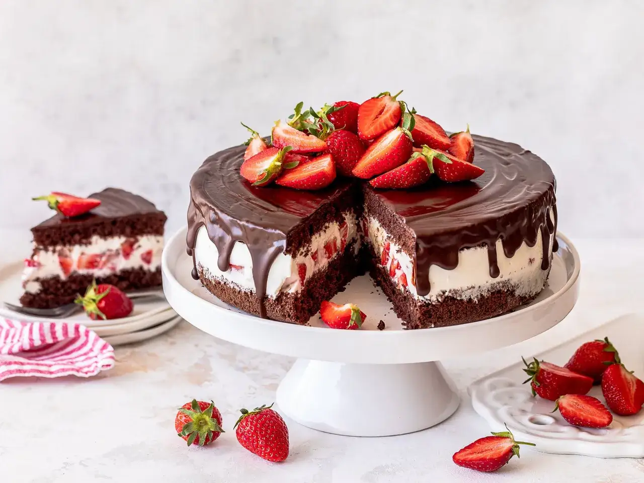 Schokoladenkuchen mit Sahne und Erdbeeren, eine köstliche Yogurette Torte, garniert mit frischen Früchten.