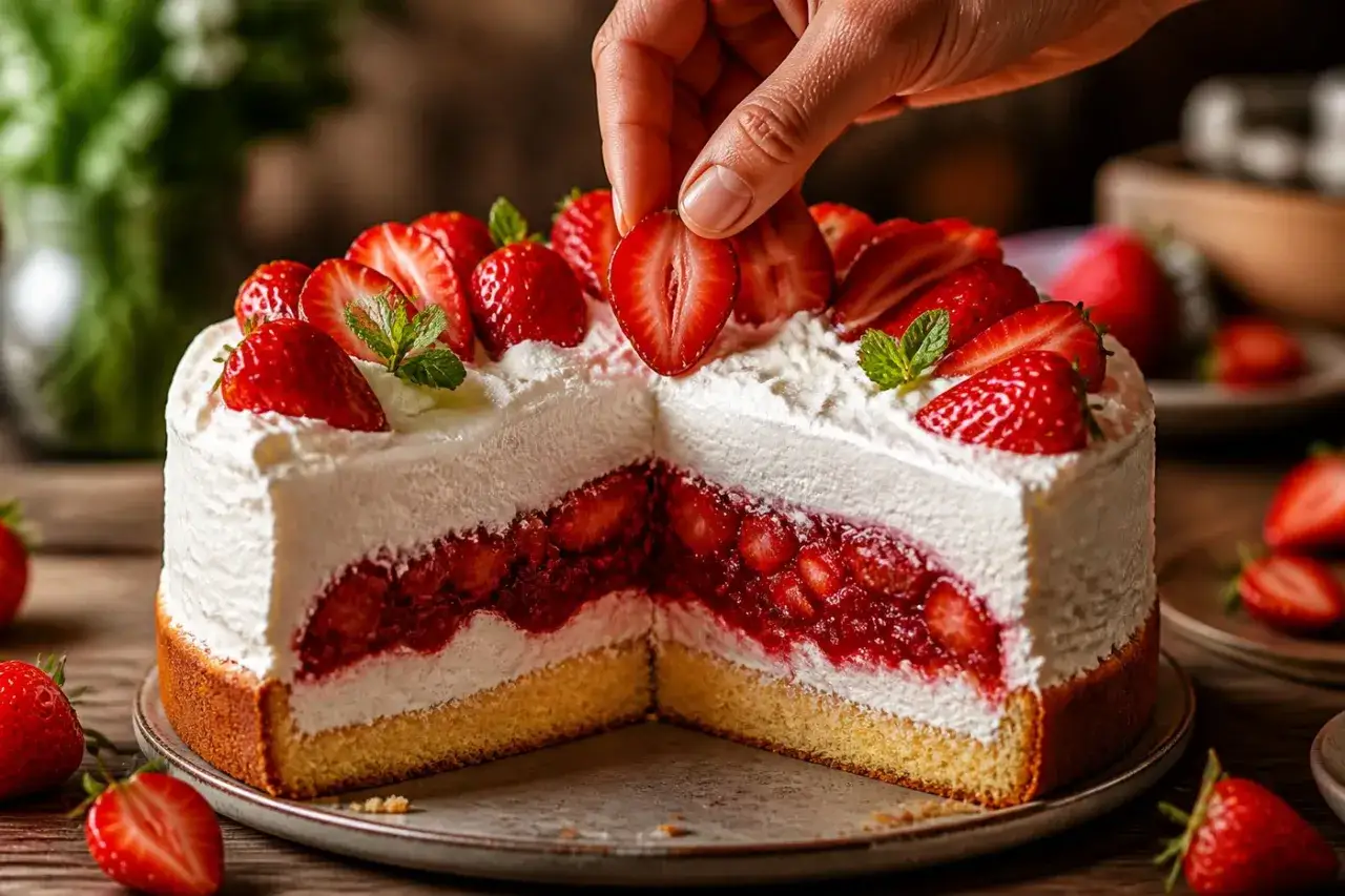 Ein saftiges Erdbeertorten-Rezept: Ein Stück Torte mit viel frischen Erdbeeren und Sahne, dekoriert mit ganzen und halben Erdbeeren.