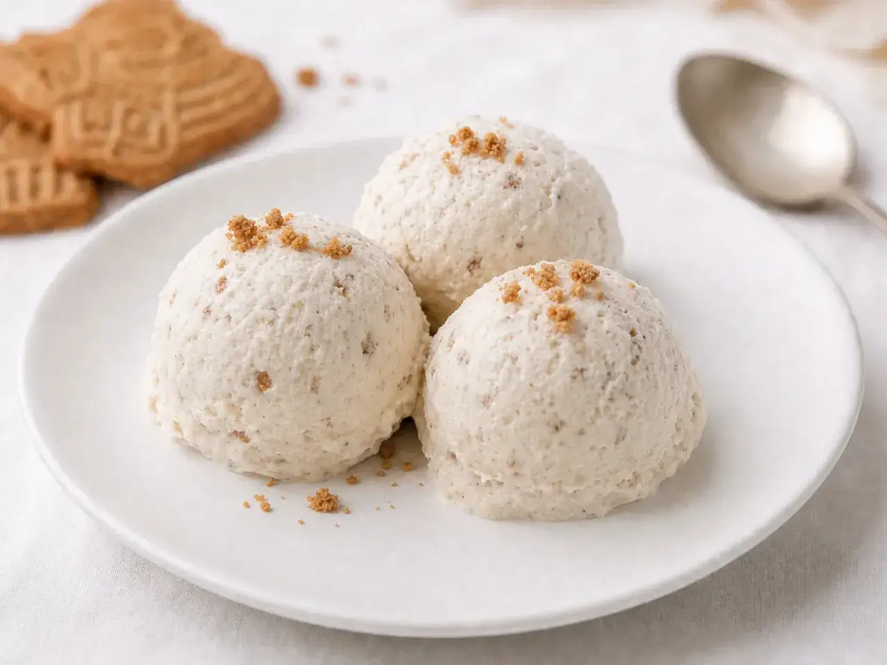 Drei Kugeln Spekulatius-Eis mit zerbröselten Keksen, perfekt zum Spekulatius Eis selber machen.