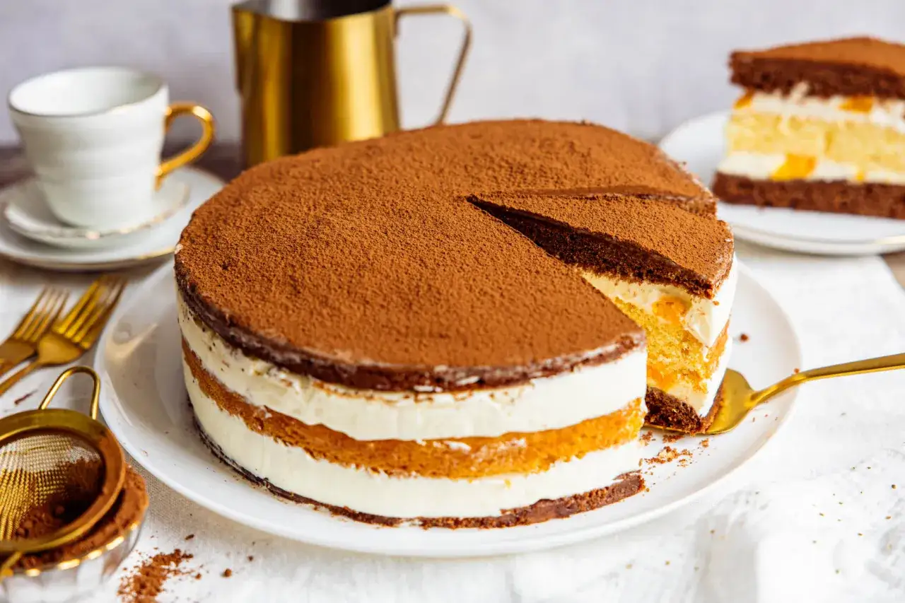 Eine köstliche 3 Tage Torte, mit Kakao bestäubt, bereit zum Servieren. Daneben eine Tasse Kaffee und goldene Gabeln.