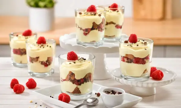 Schichtdesserts im Glas mit Himbeeren und Creme – ein schnelles Dessert, das begeistert.