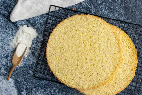 Zwei runde, goldgelbe Scheiben eines luftigen, **glutenfreien Biskuitbodens** liegen auf einem schwarzen Gitter. Daneben ein Holzlöffel mit weißem Pulver.