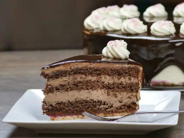 Ein Stück saftige Schoko Sahne Torte mit glänzendem Schokoladenguss und zarter Sahnehaube.
