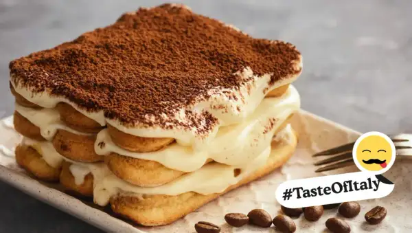 Ein köstliches Tiramisu, perfekt für Ihre Tiramisu Rezepte. Mit Löffelbiskuits, cremiger Mascarpone und Kakaopulver bestäubt. #TasteOfItaly